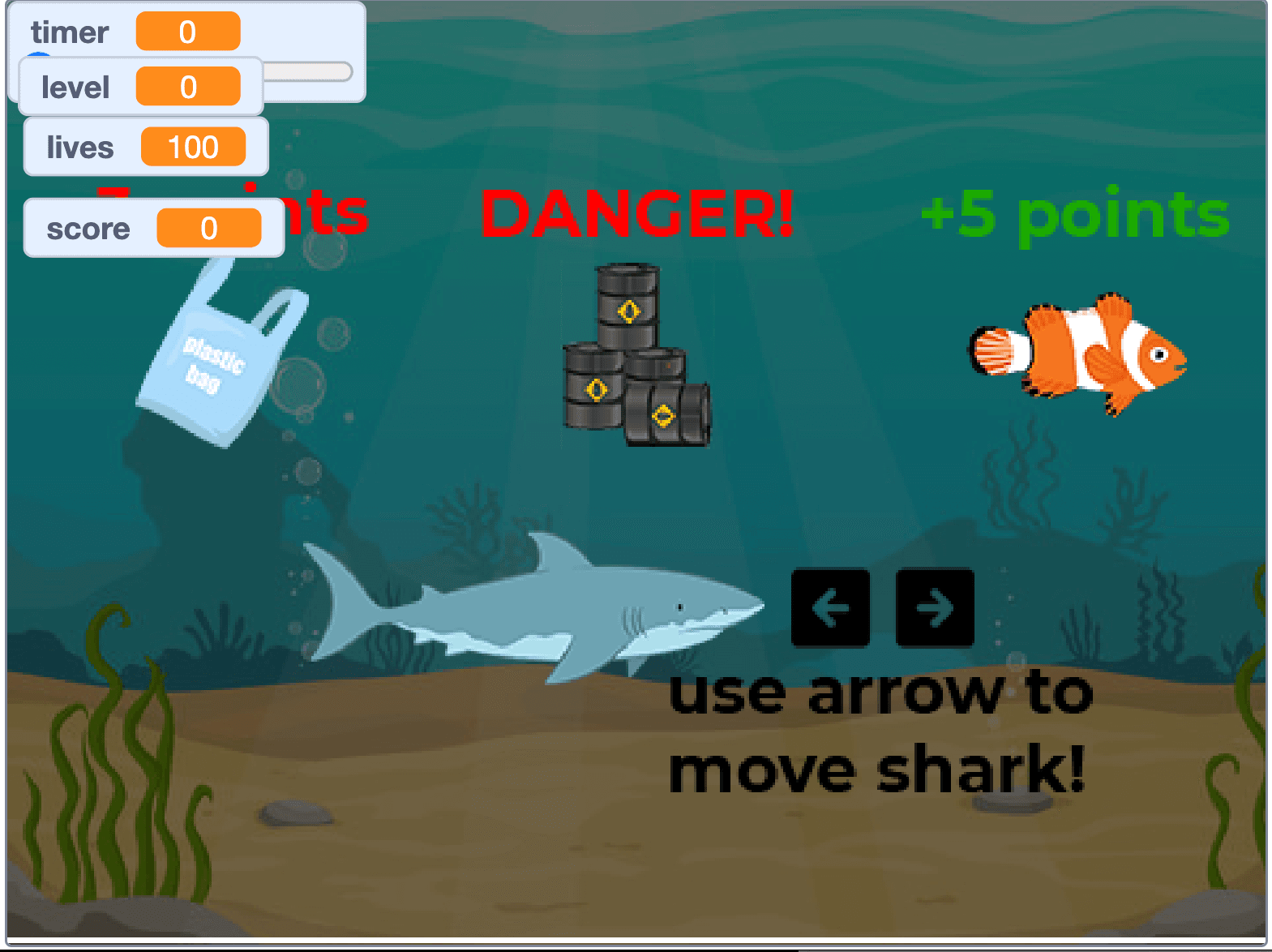 Screen capture of the tutorial to the game "SHARK GAME"
