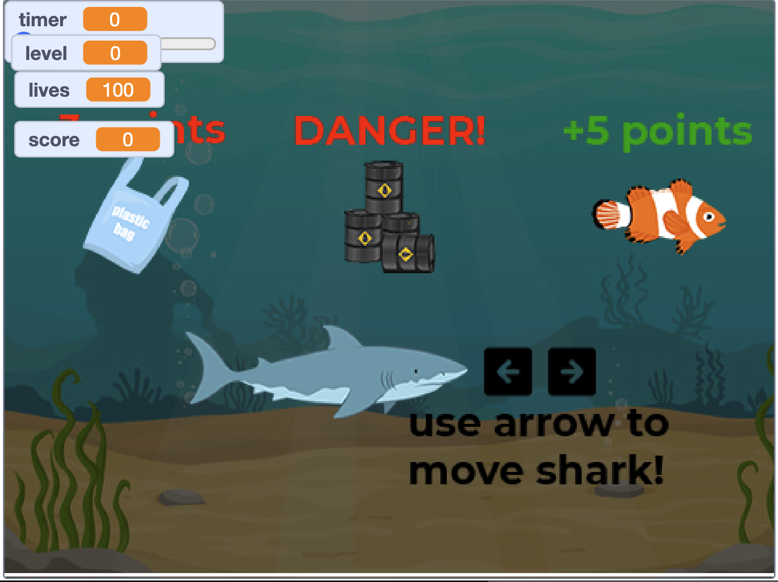 Screen capture of the tutorial to the game "SHARK GAME"